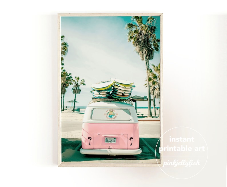 beach prints set of 6, combi van, teen girl room decor, dorm decor for college girls, coastal wall art, printable wall art, California, image 7