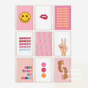 Preppy wall decor set of 9, apartment wall decor, preppy poster, retro print, trendy art prints, leopard, dorm room decor, pink teen room image 2