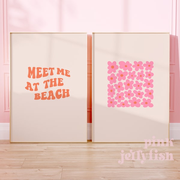 meet me at the beach print, beachy wall art set of 2, dorm room decor, printable art, digital prints, bright wall art, preppy