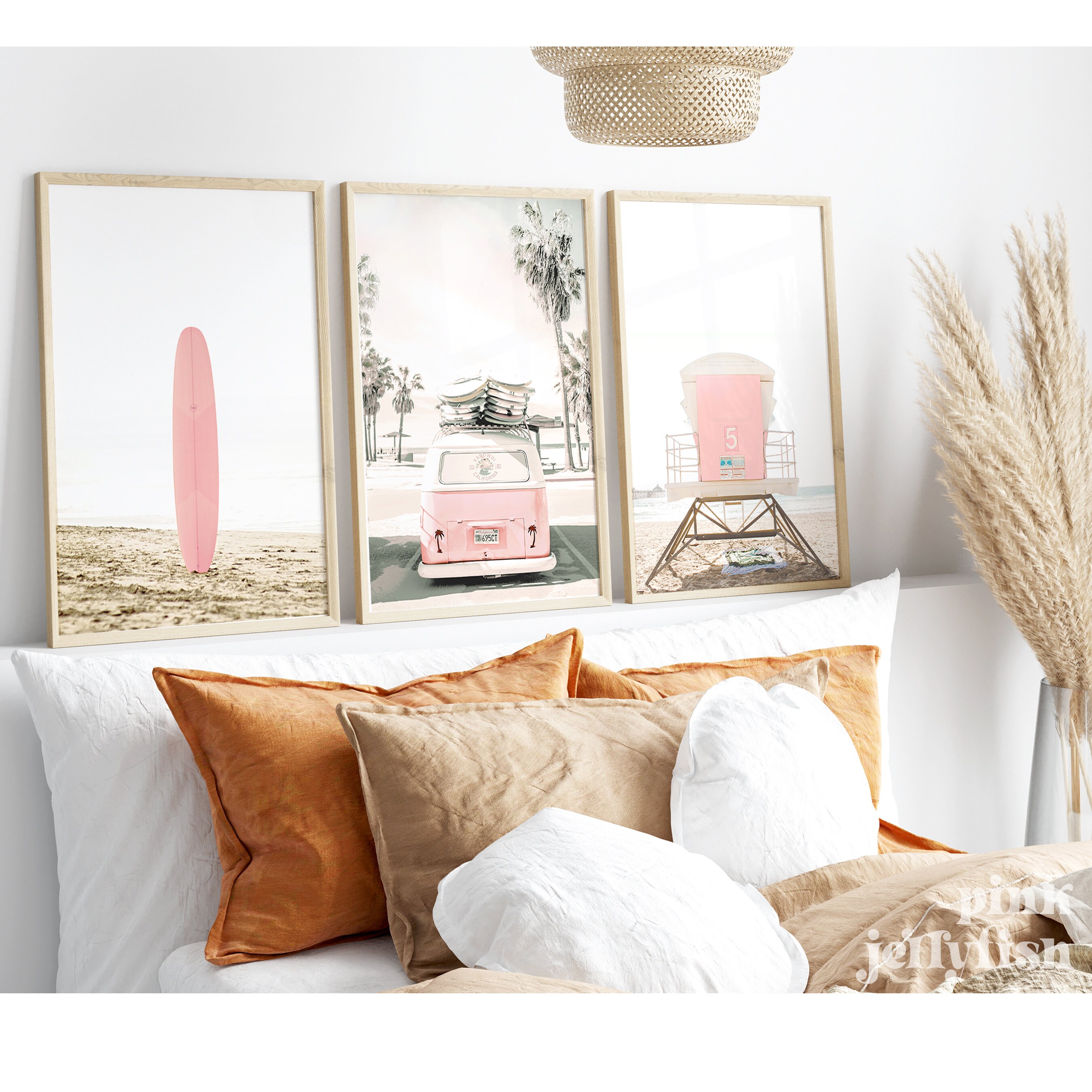 Set of 3 Beach Prints Pink Kombi Van, Surfboard, Tower, Y2K Wall