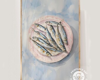 sardines digital print, kitchen water color style digital print, poster, seafood art,  trendy printable wall art, fisherman aesthetic,