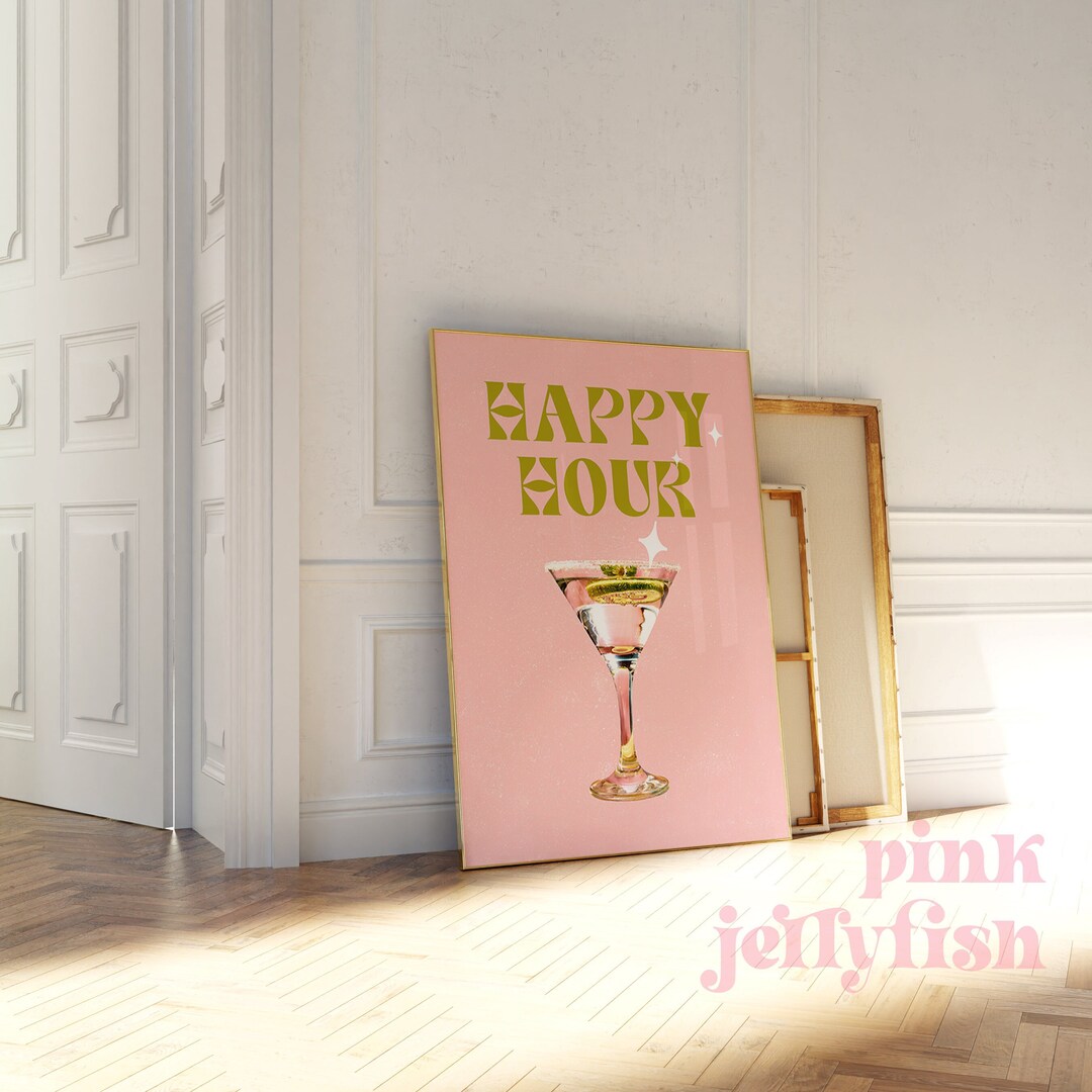 Happy Hour Print, Bar Cart Art Print, Retro Cocktail Wall Art Printable