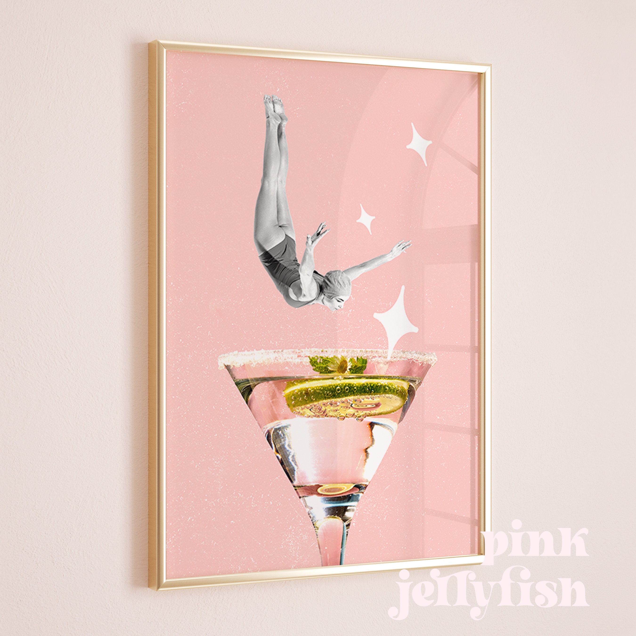 fun bar cart art print, retro girl diving into cocktail wall art, collage art, alcoholic drinks, liquor, printable wall art for dorm room