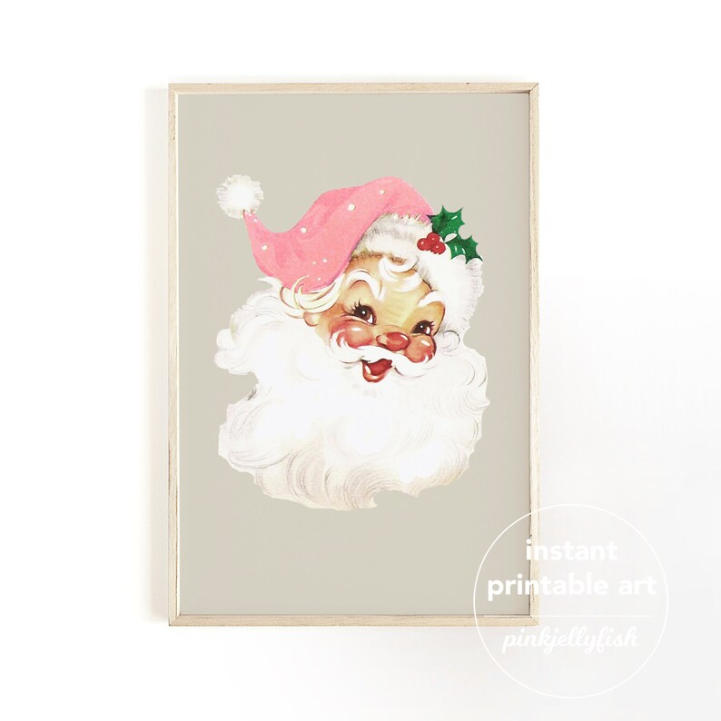 May include: A vintage illustration of Father Christmas with a pink hat and white beard. The illustration is on a light grey background.