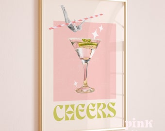 cheers wall art, bar cart art print, retro cocktail wall art, printable wall art, dorm room, alcohol drinks vintage poster digital print