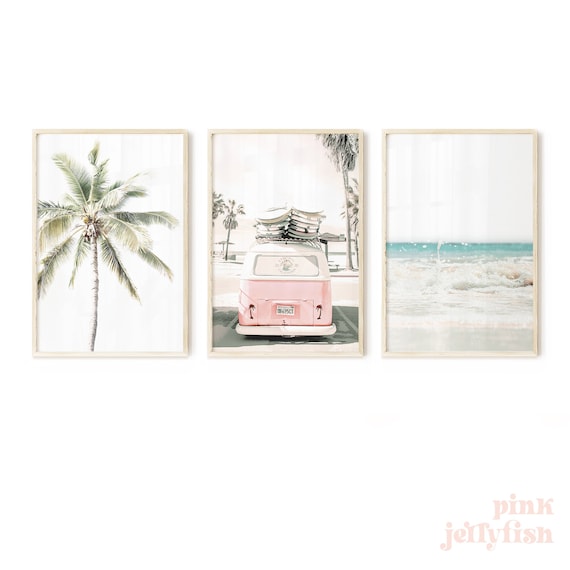 3 piece wall art, beach pastel wall decor, pink kombi, teen girl room decor, set of 3 prints, collage dorm decor, kombi van