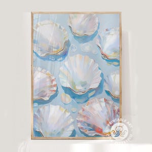 sea shell art print, abstract coastal beach house wall art, print blue seashell painting, Summer dining oyster mother of pearl printable art