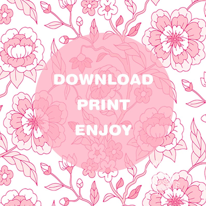 Puede incluir: Dise&ntilde;o floral en rosa y blanco con flores y hojas estilizadas. Un c&iacute;rculo rosa en el centro muestra las palabras "DOWNLOAD PRINT ENJOY" en blanco. Adecuado para impresiones digitales y proyectos decorativos.