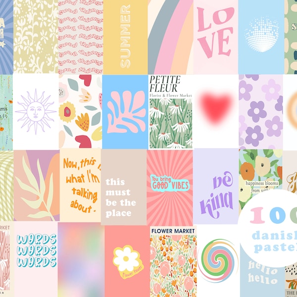 Danish Pastel collage kit, aesthetic, 100, digital download, Y2K, dorm decor for college girls, teen girl room decor,