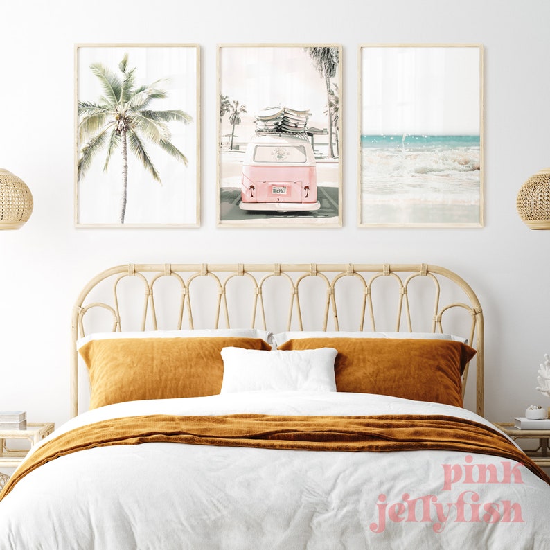 3 piece wall art, beach pastel wall decor, pink kombi, teen girl room decor, set of 3 prints, collage dorm decor, kombi van image 4
