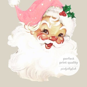 May include: A vintage illustration of Father Christmas with a pink hat and white beard. He is smiling and has a jolly expression. The image has a vintage feel and is perfect for Christmas crafts and decorations.