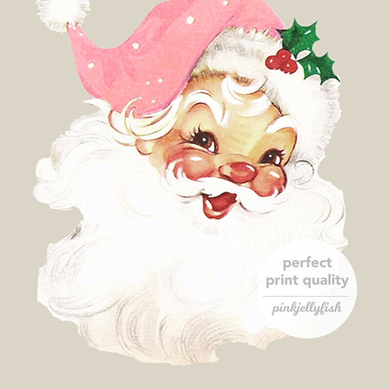 May include: A vintage illustration of Father Christmas with a pink hat and white beard. He is smiling and has a jolly expression. The image has a vintage feel and is perfect for Christmas crafts and decorations.