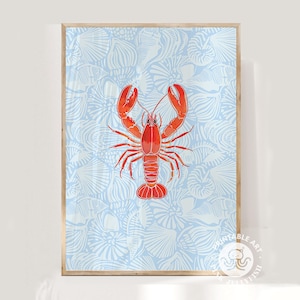 lobster print, kitchen wall decor, coastal cowgirl, kitchen print, coastal poster, seafood art, trendy printable wall art, red and blue