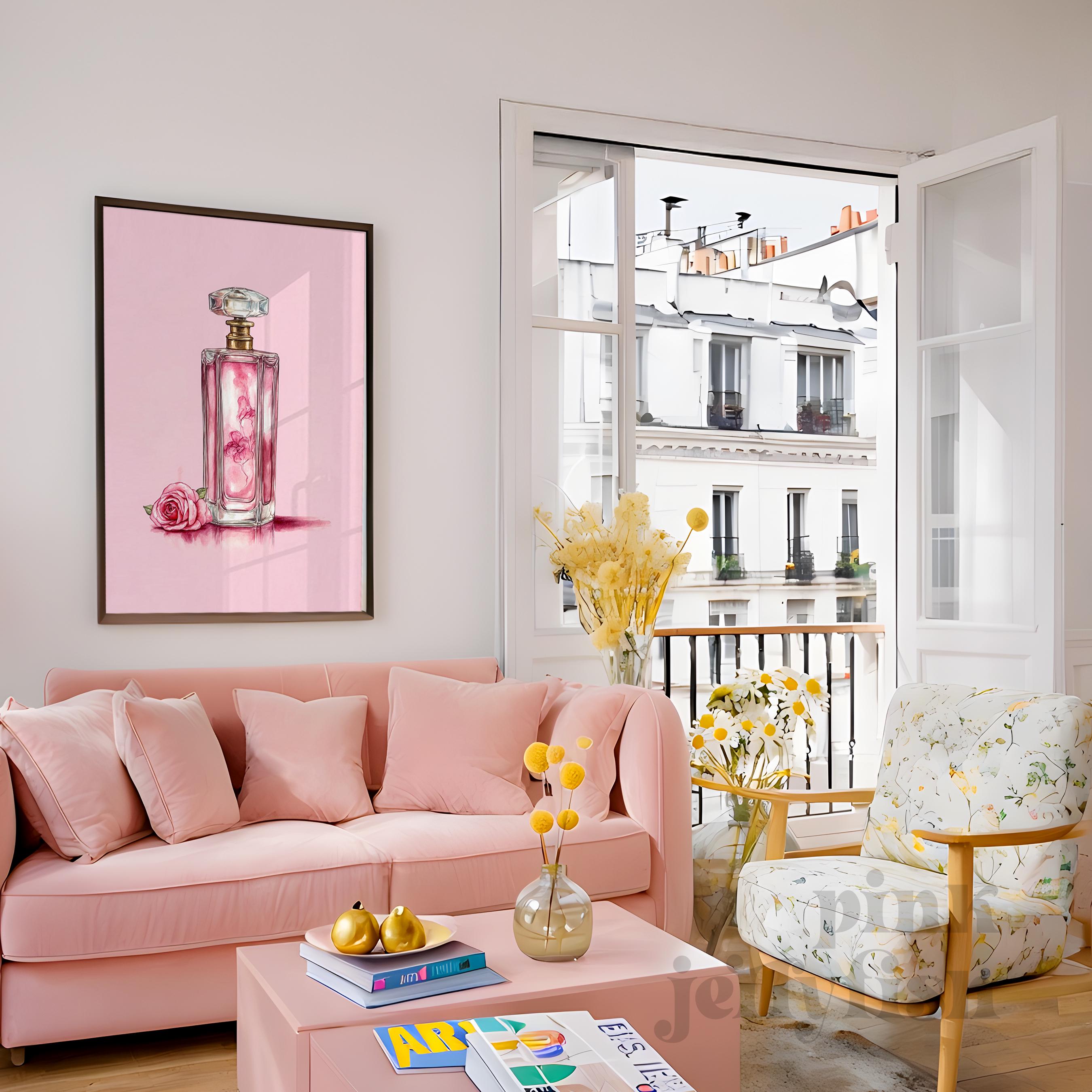 ガーリーな壁アート、ピンクの香水瓶のプリント、コケットな部屋の装飾