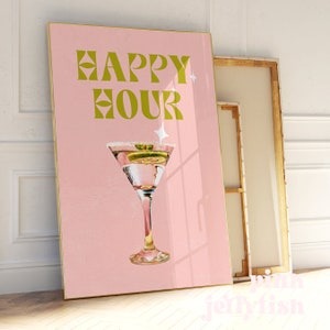 happy hour kunst aan de muur, bar cart art print, retro cocktail muur kunst afdrukbare muur kunst, vintage stijl poster digitale print