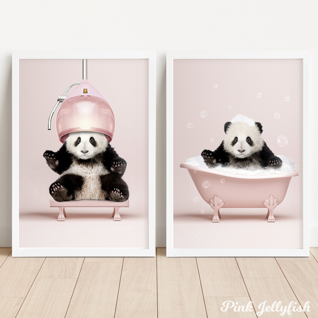 Panda in Bath Printable Art Set of 2, Baby Animal in Bathtub Print ...