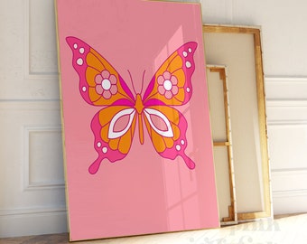 Estampado de mariposa rosa, arte de pared preppy, impresiones digitales, arte de pared imprimible, arte de pared de moda, dormitorio de adolescente, decoración de dormitorio