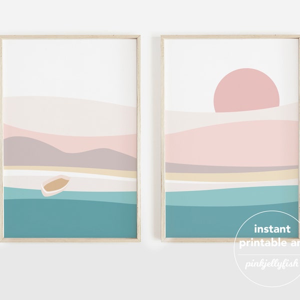 boho wall decor, beach sunset landscape, set of 2 prints, teen girl, dorm room decor, printable wall art, pastel