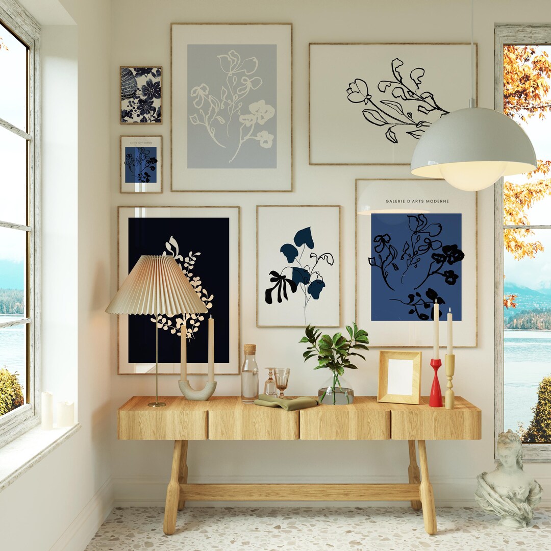 Navy Blue Gallery Wall Set of 6 Flower Wall Art, Digital Prints, Indigo ...