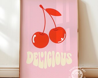 cherry wall art, printable, kitchen print, dorm decor, preppy college apartment print, girly wall art,