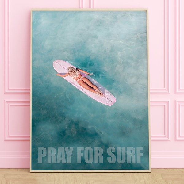 pray for surf wall art, surf print, coastal cowgirl pink board, beach wall art printable, digital prints, dorm room decor, digital prints