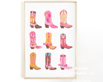 teen cowgirl bedroom decor, cowboots print, preppy dorm room, western print, pink preppy wall art, room decor for teens printable art,