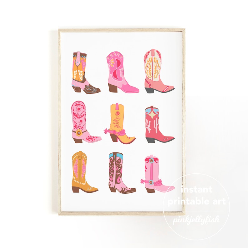 May include: A digital print featuring nine pairs of colourful cowboy boots with floral and geometric patterns. The boots are arranged in three rows of three. The print is perfect for adding a touch of western flair to any room.