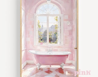 pink bathtub print bath wall art coquette room decor print, dopamine decor,  trendy girly prints, digital print download, printable art,
