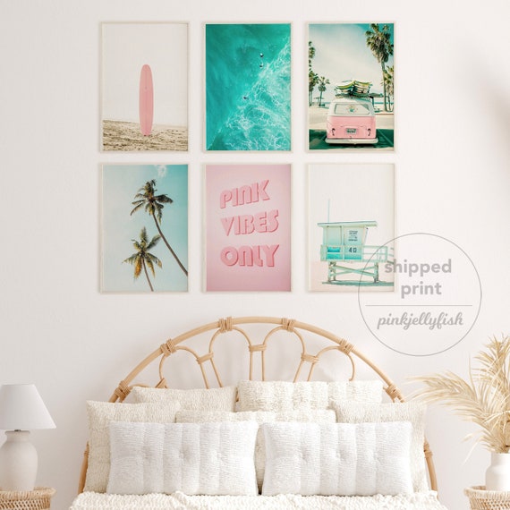 Beach Wall Art Set of 6 Prints for Teen Girl Wall Decor, Pink Van, Printed  and Shipped, Dorm, Gallery Wall, Physical, Mailed, 8x10 Inch 