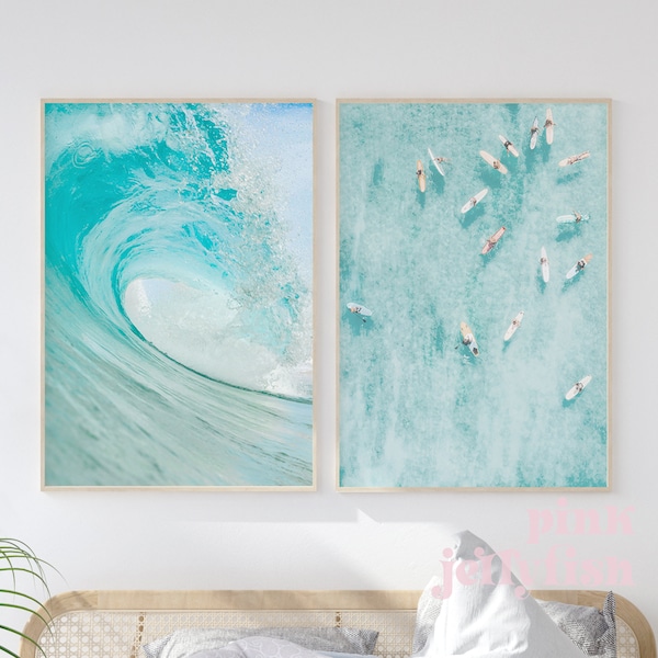 surf prints, set of 2, aerial beach wall art, wave print, printable, coastal digital prints, dorm decor for college girls, teen girl bedroom