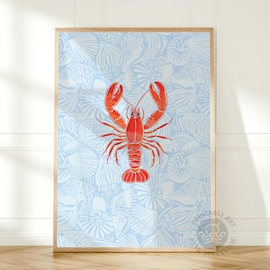 lobster print, fisherman aesthetic, coastal cowgirl, kitchen print, coastal poster, seafood art, trendy printable wall art, blue flowers