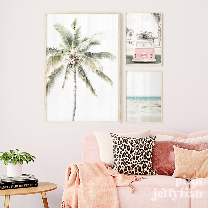 3 piece wall art, beach pastel wall decor, pink kombi, teen girl room decor, set of 3 prints, collage dorm decor, kombi van image 5