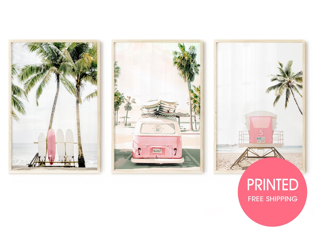 Printed Pink Beach Wall Art Set of 3 Prints, Physical Prints, Shipped