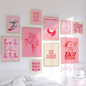 Pink trendy wall art prints gallery set of 10 digital prints, eclectic dopamine decor, printable art, dorm wall decor, posters, dorm room