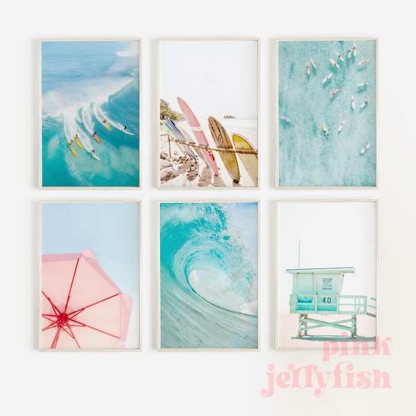 gallery beach prints, set of 6 digital prints, teen girl room decor, dorm decor, surf prints, printable art, California, beachy