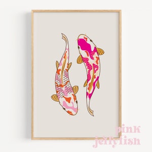 colorful koi fish print, trendy printable wall art, dorm room decor, pink and orange