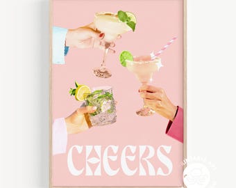 Retro Cocktail Cheers Print, Bar Cart Wall Art, Vintage Liquor Poster (Digital Download)