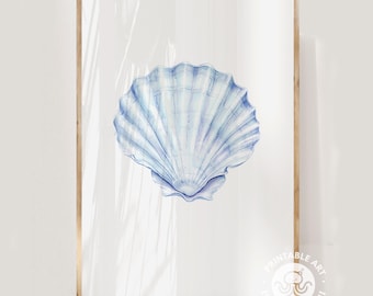 Impresión de concha marina azul pastel, arte de pared imprimible de concha marina en acuarela, arte de pared de vaquera costera, estética de pescador de ostras de verano