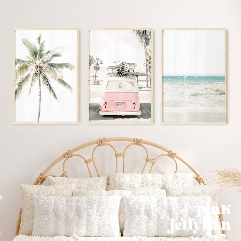 3 piece wall art, beach pastel wall decor, pink kombi, teen girl room decor, set of 3 prints, collage dorm decor, kombi van image 3
