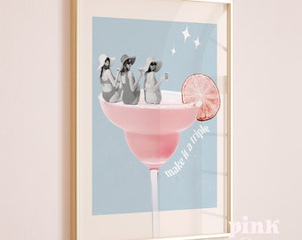 friends wall art, retro bar cart art print, make it a triple, dorm room, cocktail drinks wall art, printable wall art, poster digital print