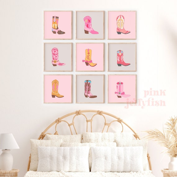 cowgirl boots print, pink preppy wall art, printable art, western teen cowgirl bedroom decor, preppy dorm room, square cowboots print,