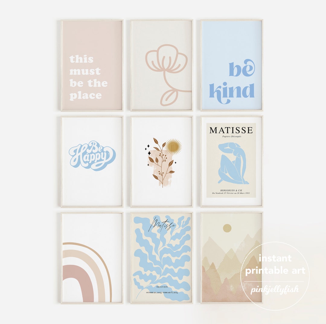 Blue Wall Art for Dorm Room, Gallery Set of 9 Prints, Printable Art