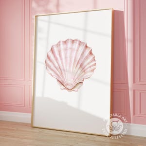 Puede incluir: Impresi&oacute;n enmarcada con una ilustraci&oacute;n detallada de una concha rosa sobre un fondo blanco. La concha tiene una textura acanalada y un degradado de tonos rosas. El marco es dorado y la obra de arte se exhibe en una habitaci&oacute;n con paredes rosas.
