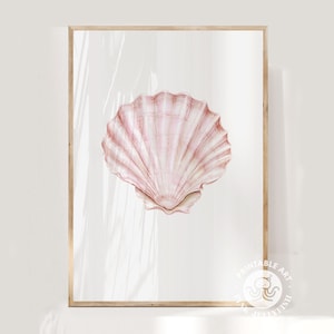 pastel pink sea shell print, printable wall art, coastal cowgirl wall art, watercolor bathroom wall art, Summer oyster fisherman aesthetic