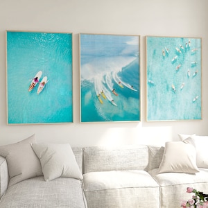 Surf Prints 3er Set Strand Wandkunst, Luftbild Strand Foto, Surfen druckbare Wandkunst, Küsten Wandkunst, 3-teiliges Set, Digitaldrucke,