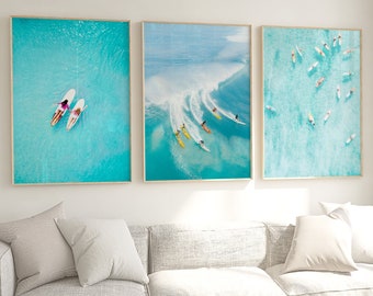 Conjunto de impresiones de surf de 3 arte de pared de playa, foto aérea de playa, arte de pared imprimible de surf, arte de pared costera, conjunto de 3 piezas, impresiones digitales,