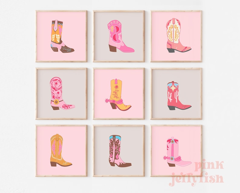 May include: Nine framed prints of colorful cowboy boots with different patterns and designs. The prints are arranged in a grid of three rows and three columns. The frames are all the same size and shape, and they have a light wood finish.