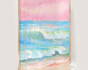 Cuadro de playa para imprimir, arte mural playero, pintura de paisaje marino, descarga digital, arte mural imprimible, decoración de dormitorio, rosa y azul