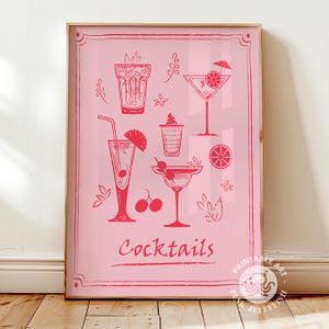 bar cart art print, cocktail print, trendy wall art, retro digital prints, dorm room decor, pink and red