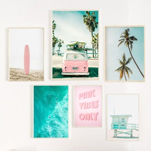 beach prints set of 6, combi van, teen girl room decor, dorm decor for college girls, coastal wall art, printable wall art, California, image 3